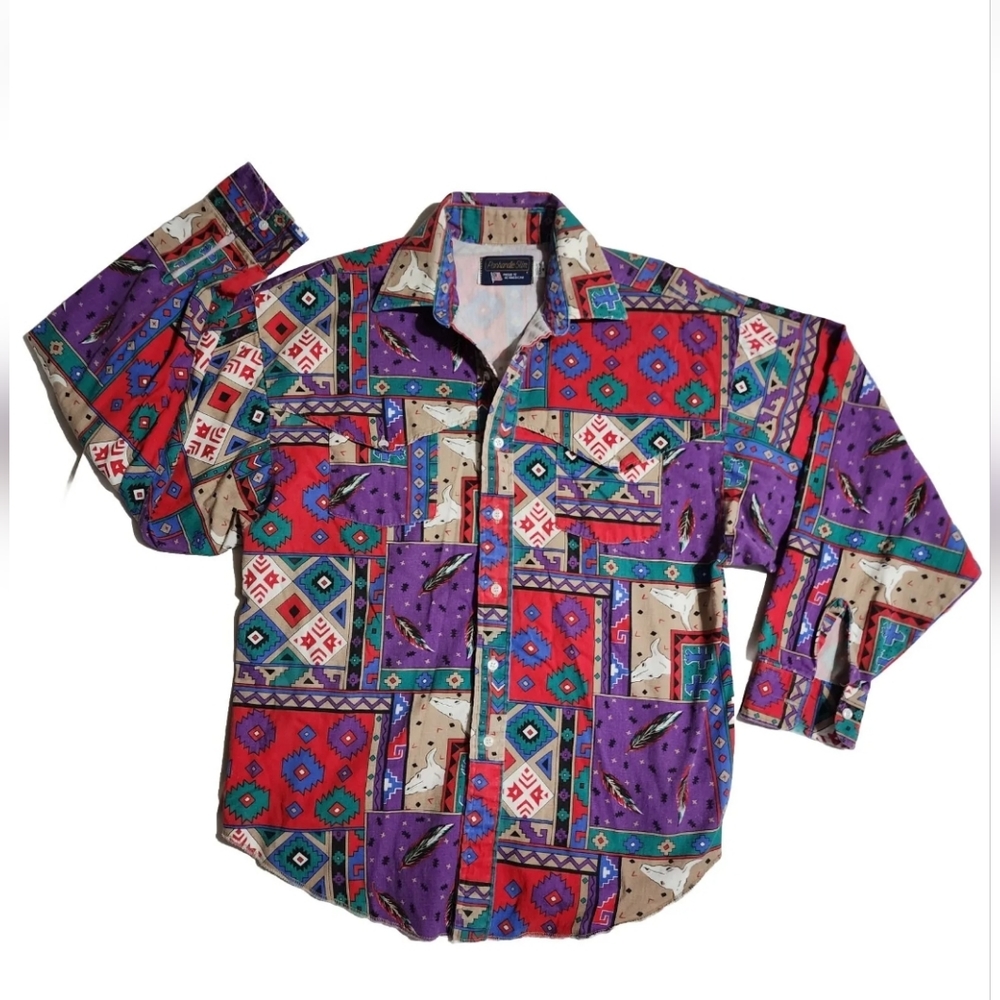 VTG Panhandle Slim Western Shirt Mens M/L 16 Bull Steer Button Up Southwestern